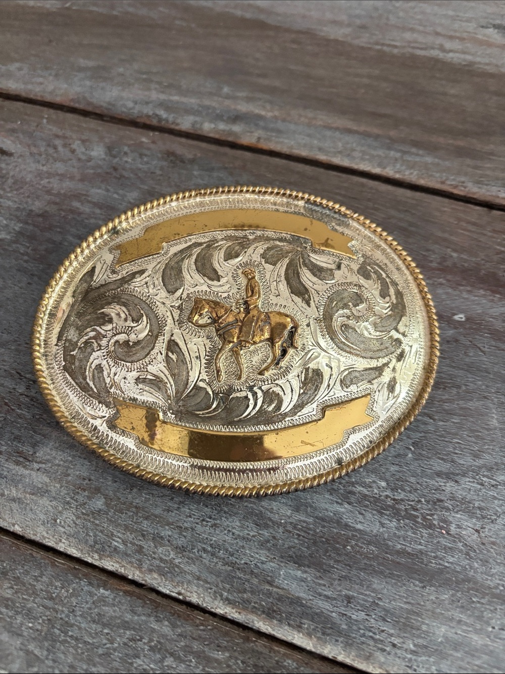 Alpaca Mexico Silver Cowboy on Horse Western Belt Buckle Oval Rope Border
Stamp